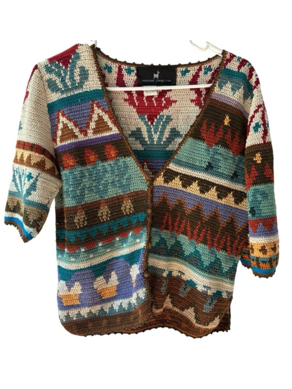 Vtg Peruvian Connection Cardigan Womens M Colorful Cotton Crochet Short Sleeve